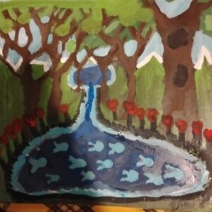 Nicole Forest Fountain Painting in Blue, Green & Red